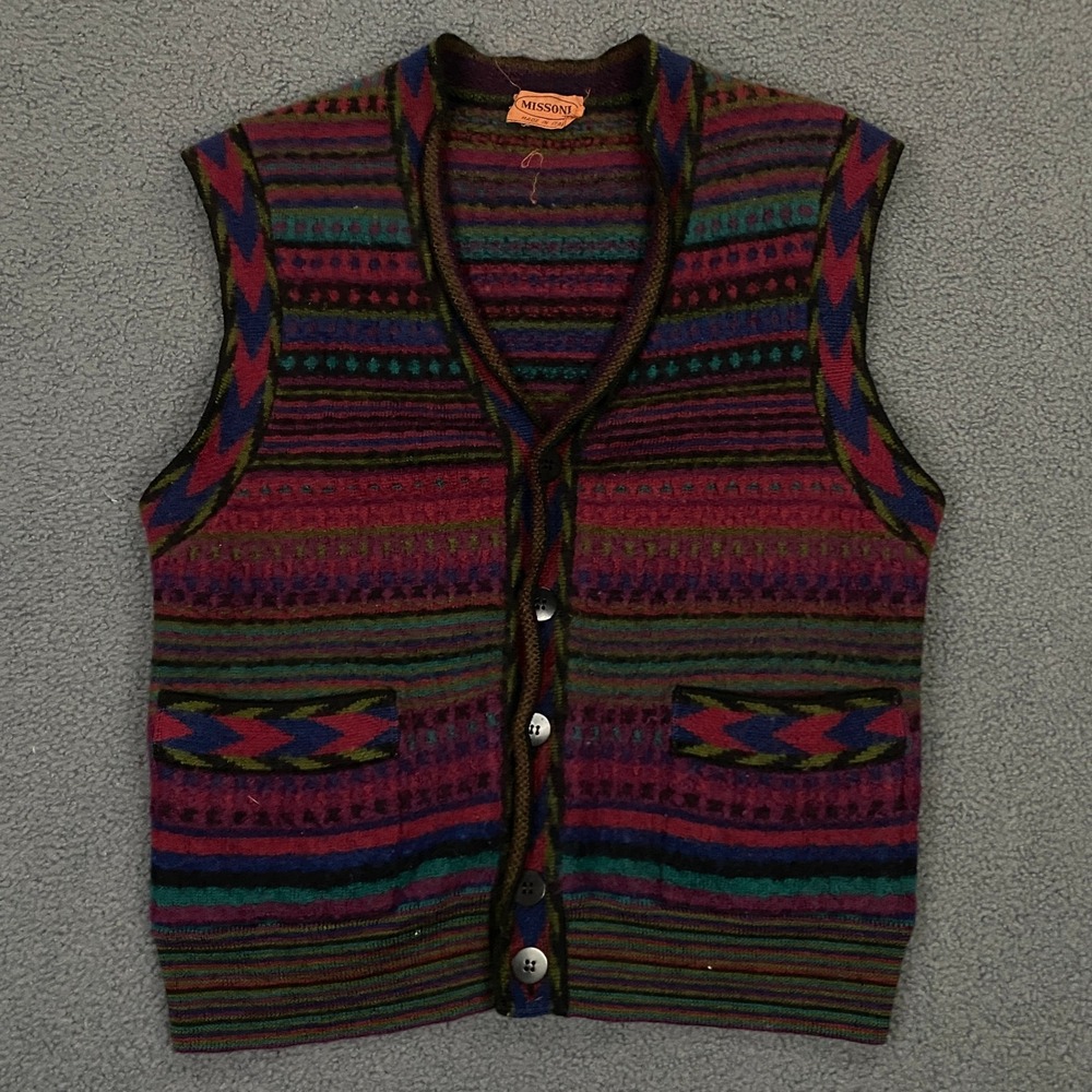 Missoni Knit Sweater Vest FITS Mens Small Multi Color Geometric Cardigan Vintage